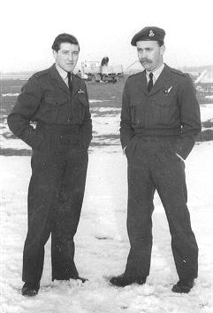 Flying Officer Ralph Swift and Flight Lieutenant Don Sleven, Taken outside the crew room of 527 Squadron on the Griston side of RAF Watton airfield December 6th 1954. 