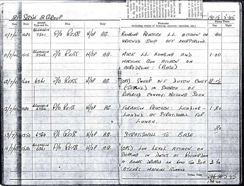 Ben Nunn's logbook page for 16th July 1941 (Ben Nunn)