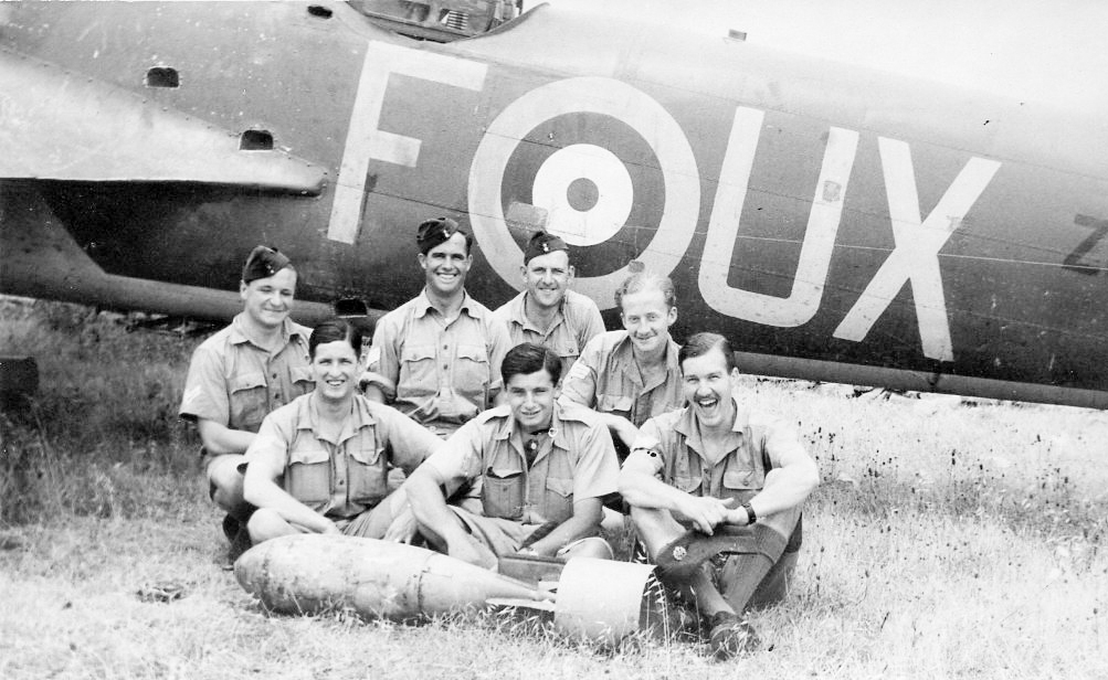 John Hadland - front right - with unknown others and their(?) 82 Squadron Blenheim F for Freddie probably in Malta