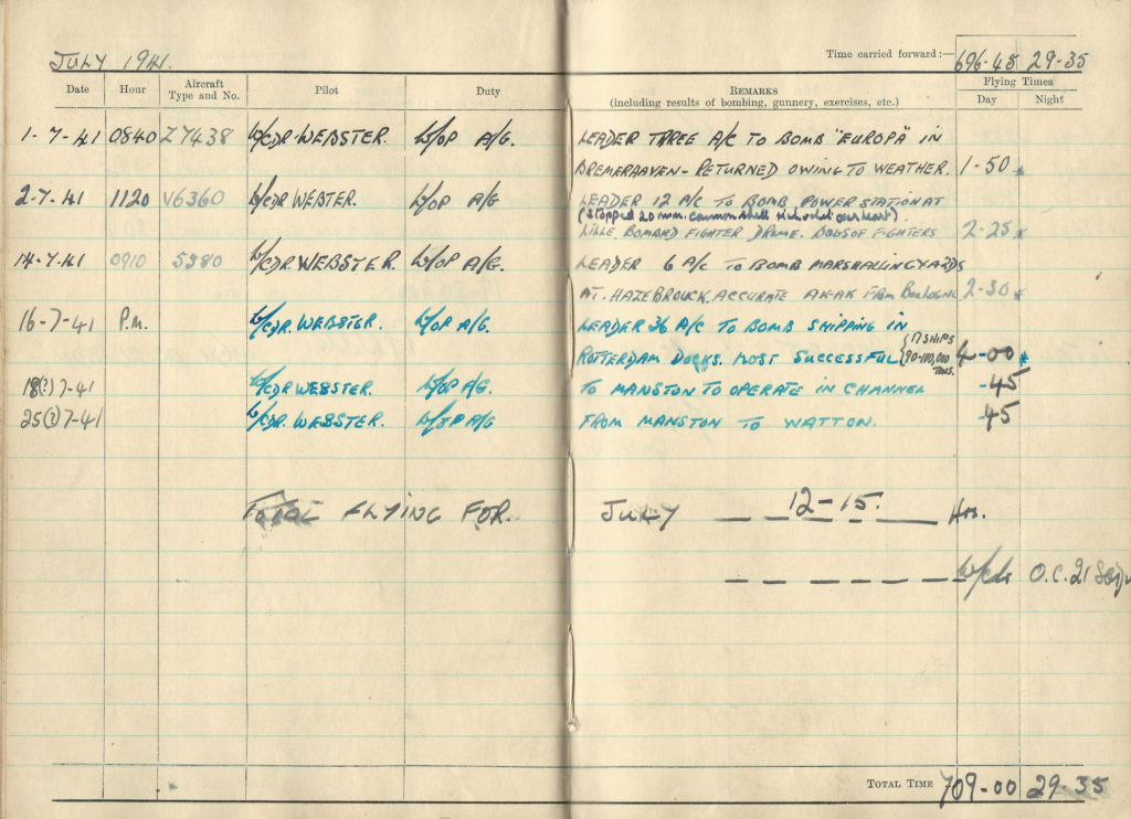 Bob Hunter's logbook page for July 1941 (Bob Hunter [son])