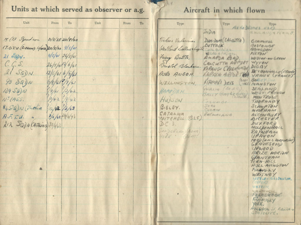 Bob's end pages in his logbook - Units where he served and Aircraft flown.